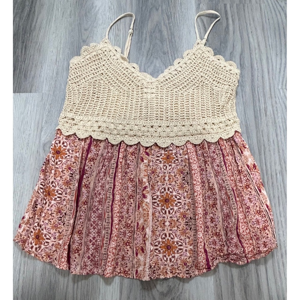Maurices Womens Crochet Floral Cami Top Pink Orange Boho Festival Size Medium